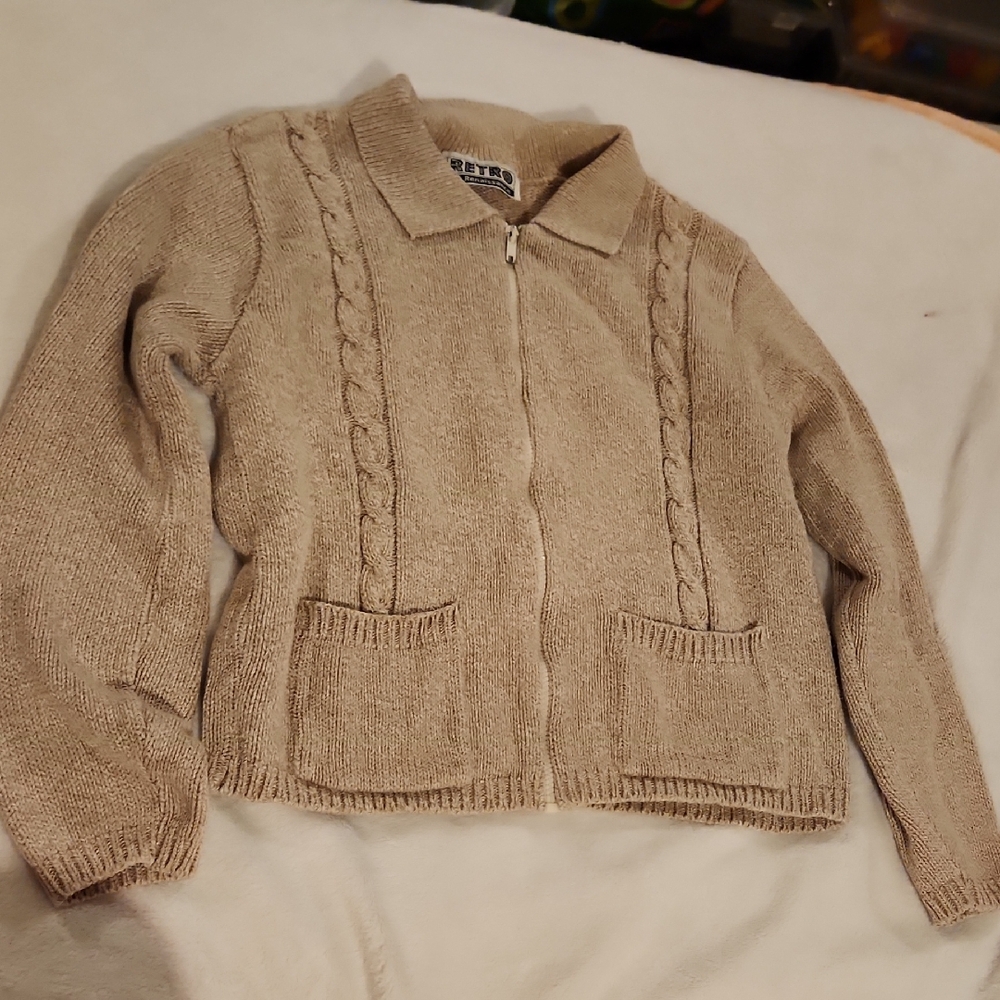 Beige Knit Zip-Up Sweater